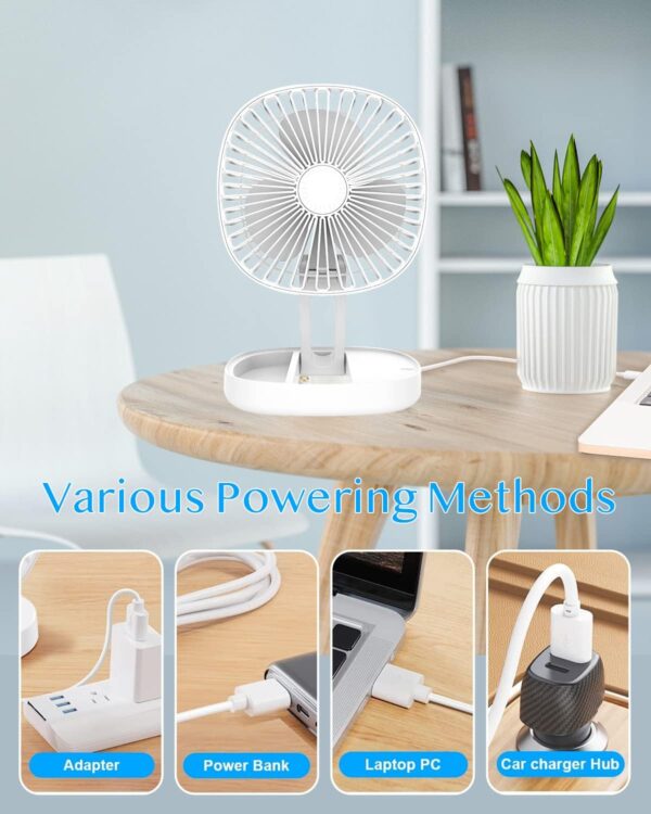 Mini 2 in 1 Portable Fan with LED Light, USB Rechargeable |  7 Inch Portable Travel Fan | Desk Fan 3 Speeds Folding Table Fan Quiet 185° Rotation USB Plug-In - Image 9