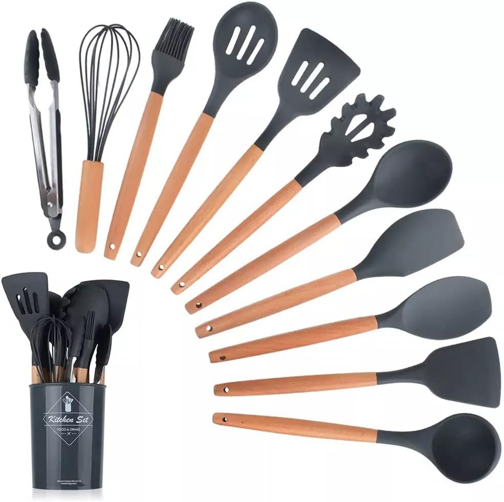 12 Pcs Silicone Cooking Utensils Kitchen Utensil Set | Heat Resistant Kitchen Non toxic Spatula Set with Turner Tongs,Spoon,Brush,Whisk-Wooden Handle – Random Color