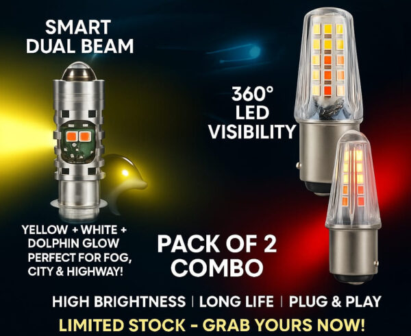 Pack of 2 – Headlight & Backlight Bulb | Yellow/White Beam + Red/Blue Flasher | Universal for All Bikes