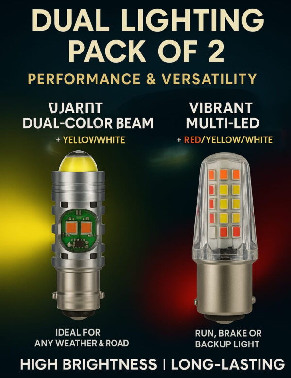 Pack of 2 – Headlight & Backlight Bulb | Yellow/White Beam + Red/Blue Flasher | Universal for All Bikes - Image 2